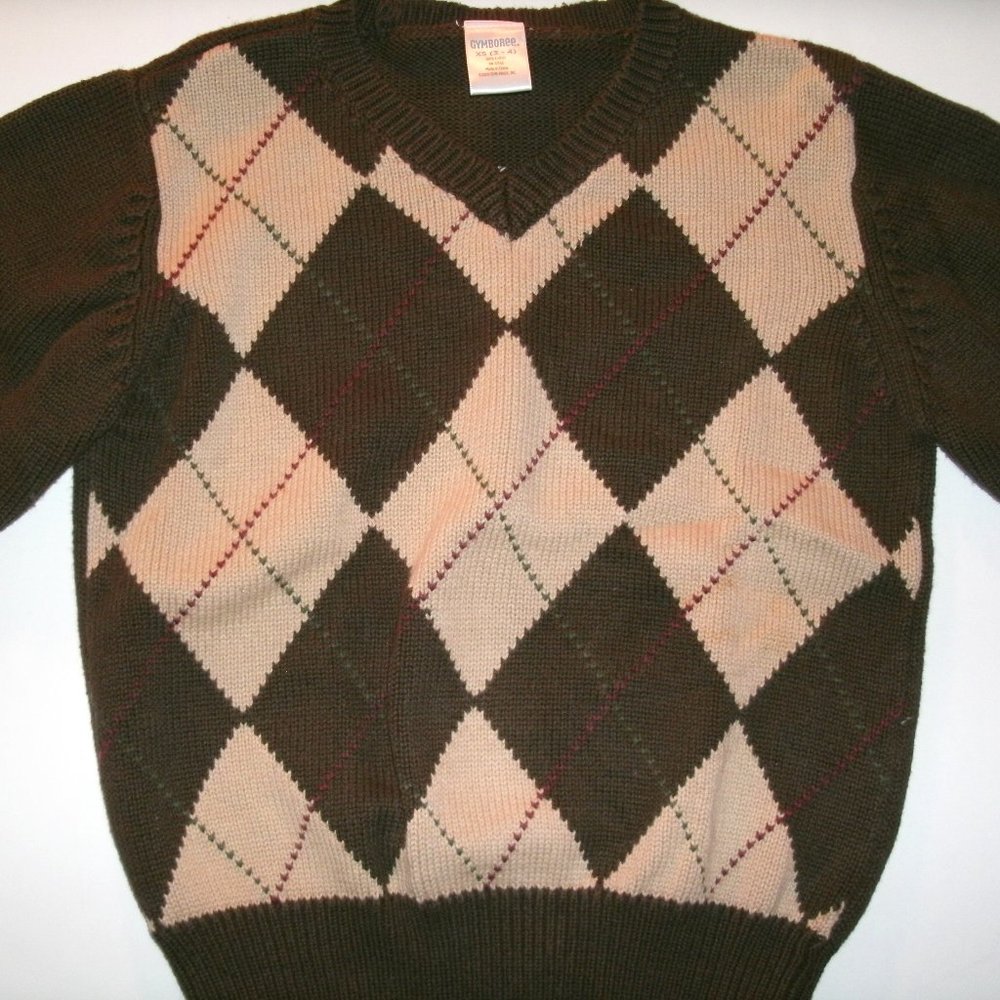 Gymboree Boys Sweater V-Neck Argyle Pullover Brown Tan Size 3-4 XS